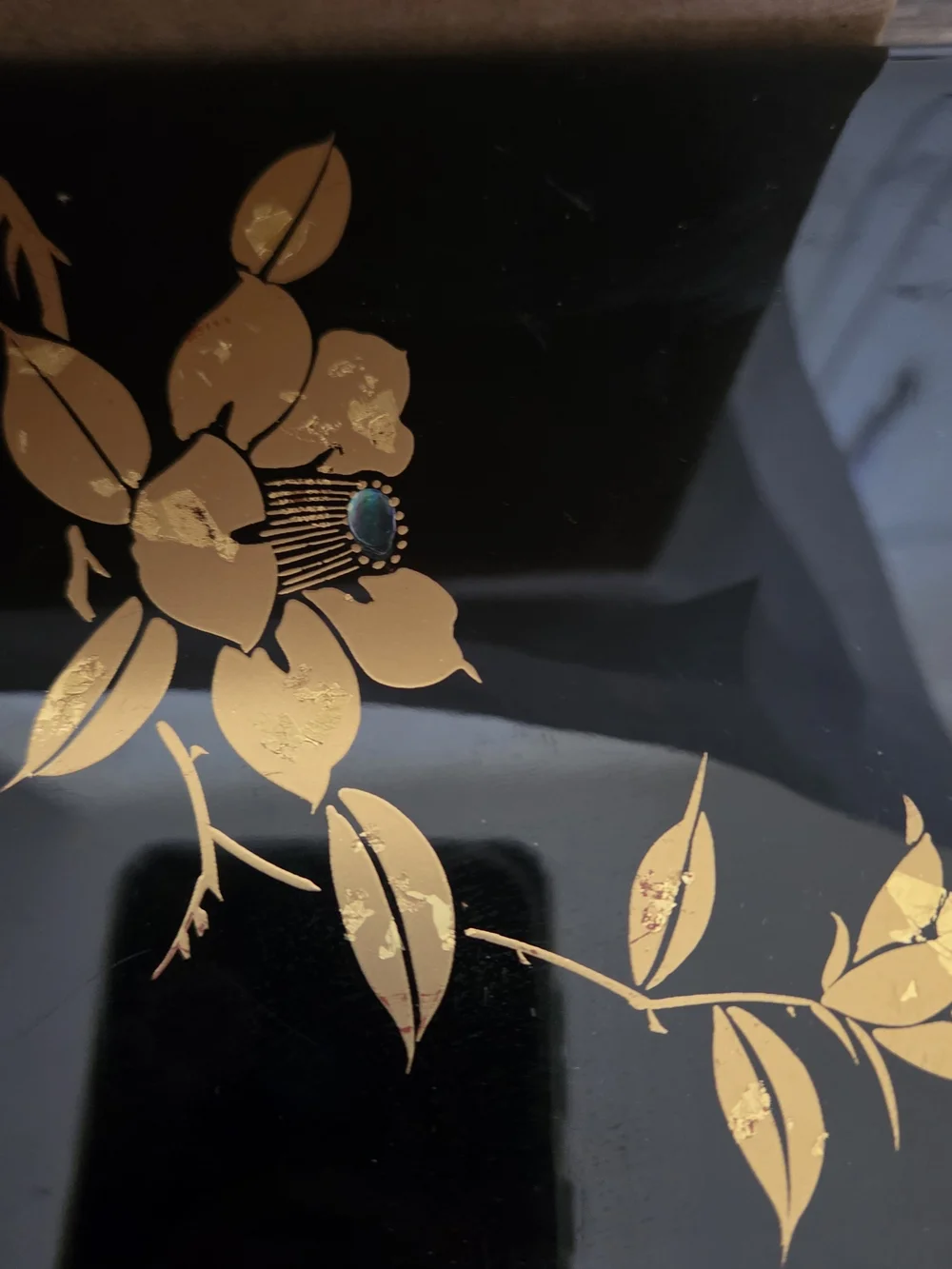 Vintage Japanese Black Lacquer Floral Accent Box with Gold Flower Design